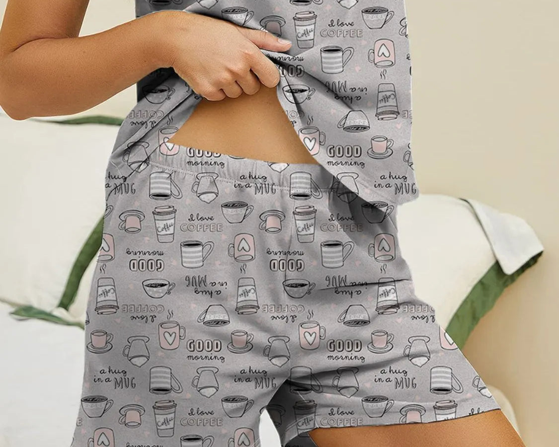 NEWYORKLISTED Intimate Apparel: Person wearing a sleeveless top and shorts with coffee-themed pattern.
