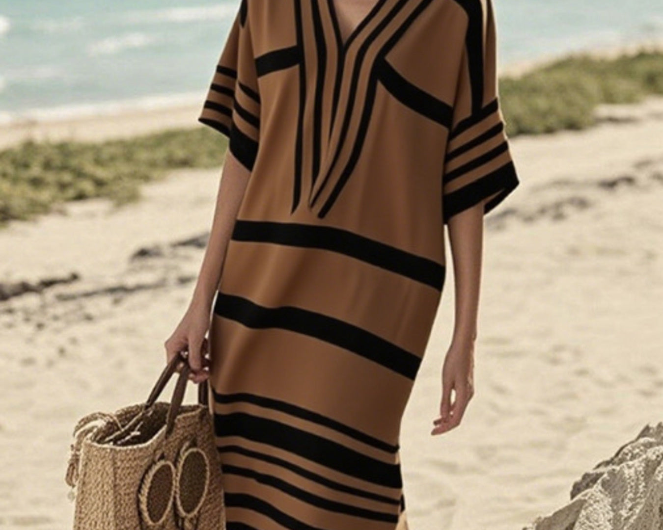 NEWYORKLISTED STYLE COLLECTION: Woman wearing a brown and black striped dress on a beach