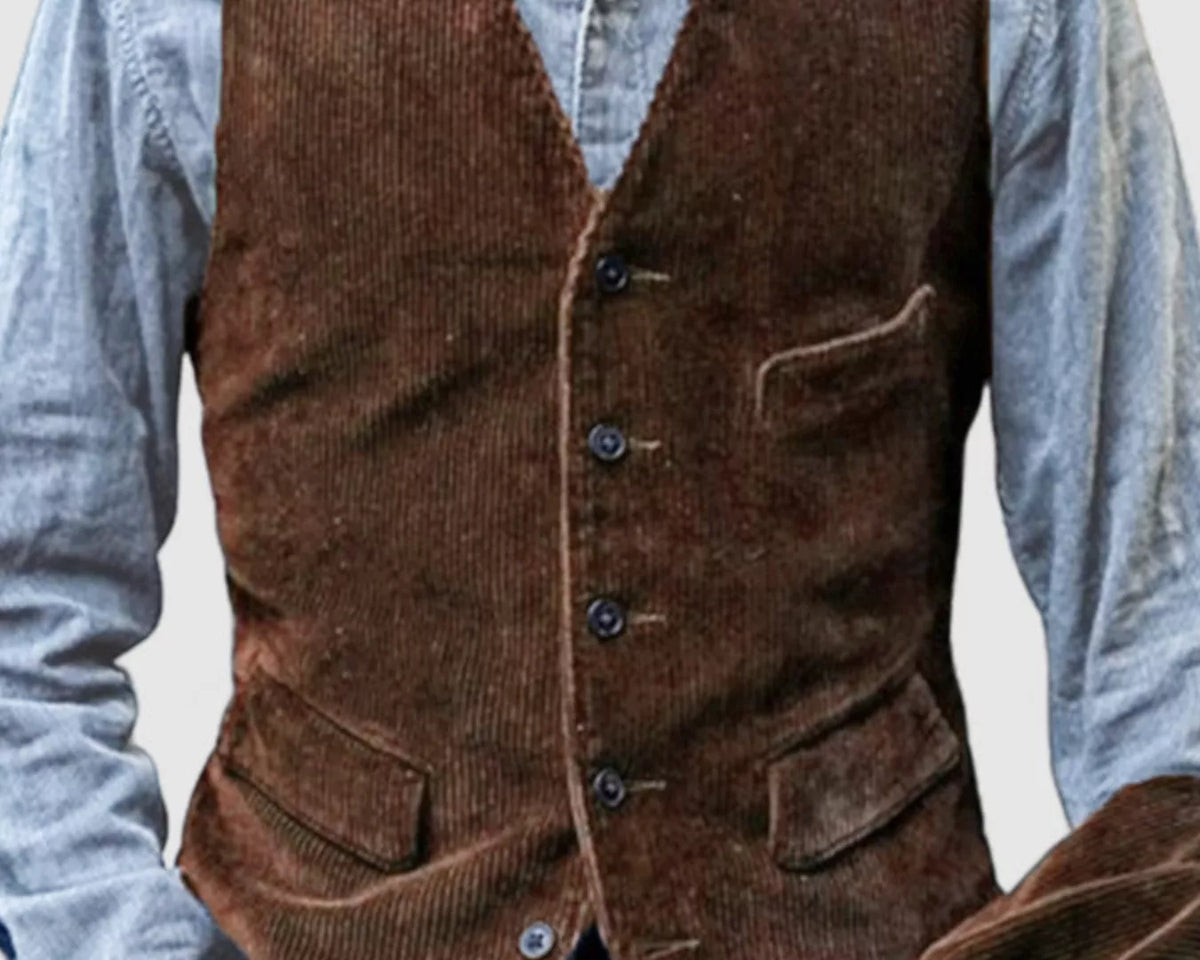 NEWYORKLISTED ATLAS MEN'S COLLECTION: Men's vintage corduroy button-up vest, model view
