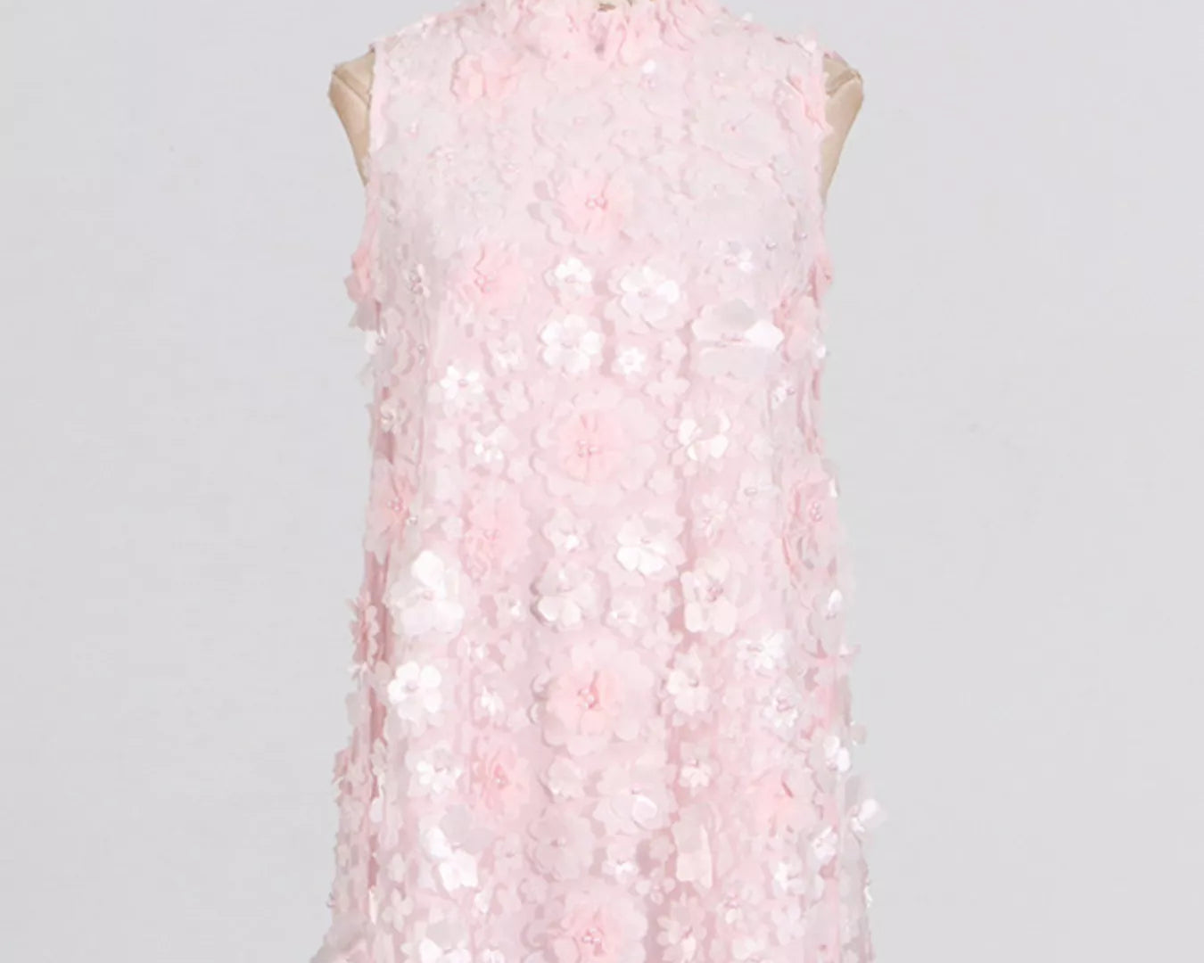 NEWYORKLISTED STYLE COLLECTION: Pink floral dress on a mannequin against a gray background