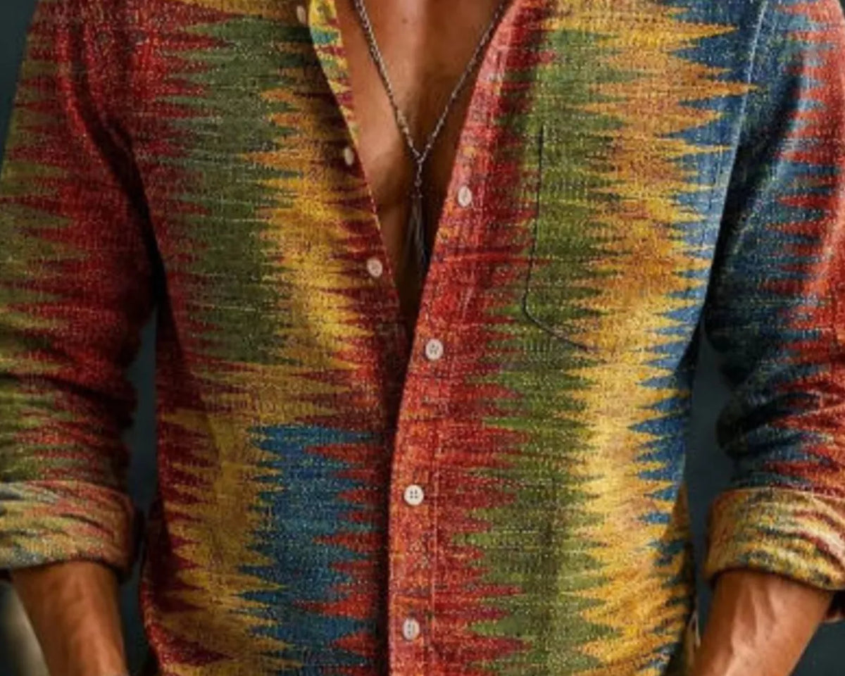 NEWYORKLISTED ATLAS MEN'S COLLECTION: Men's vintage striped button-front shirt, model view