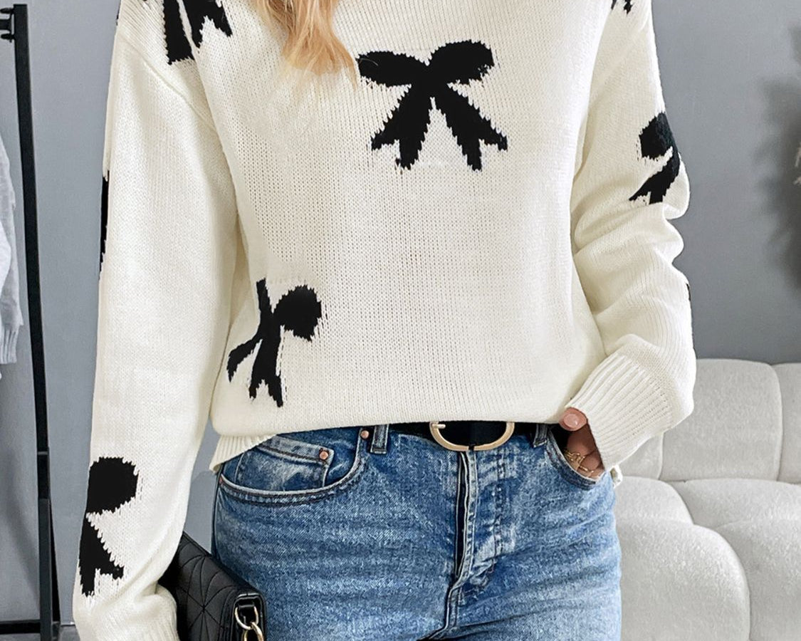 NEWYORKLISTED STYLE COLLECTION: Bow Graphic Round Neck Long Sleeve Sweater