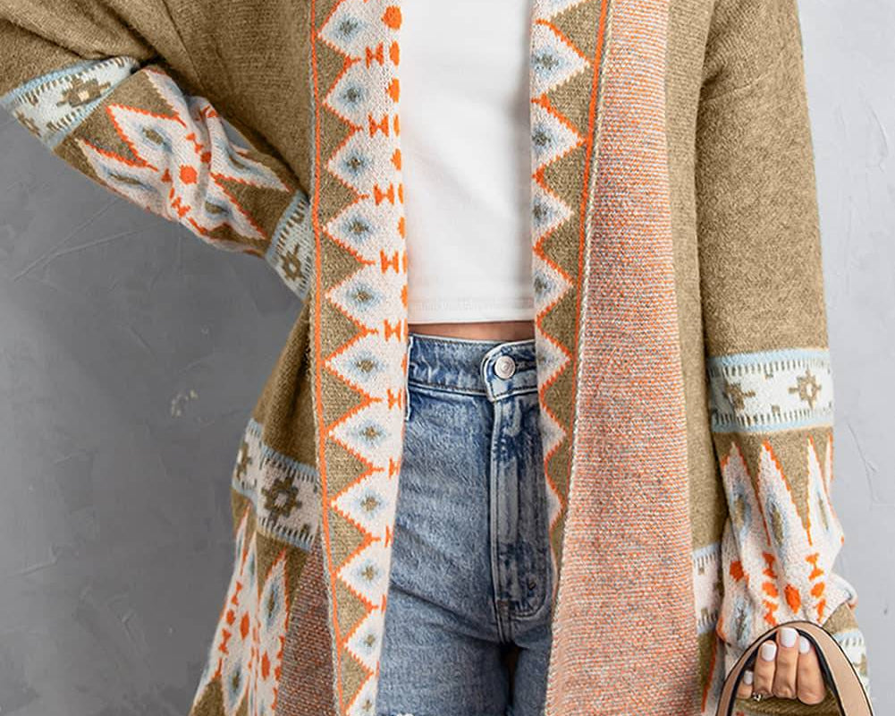 Geometric Open Front Long Sleeve Cardigan - NEWYORKLISTED