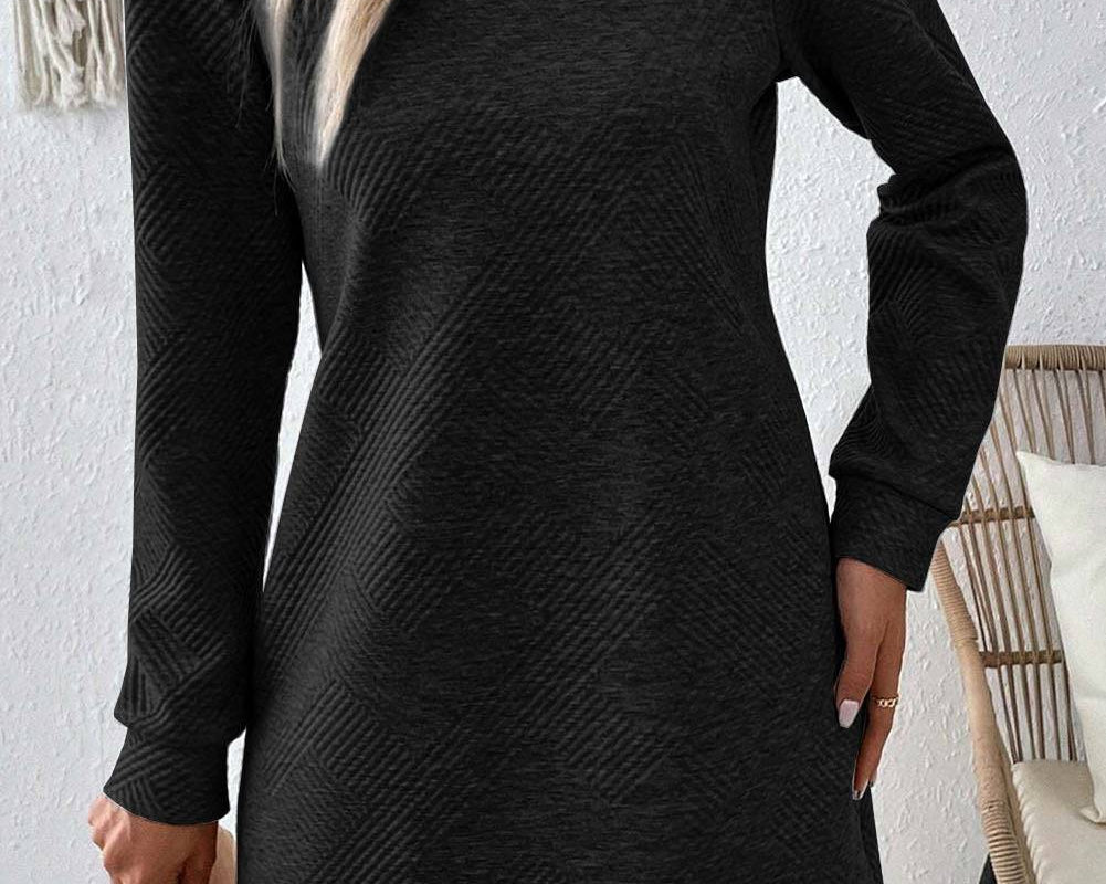 Textured Round Neck Long Sleeve Mini Dress - NEWYORKLISTED