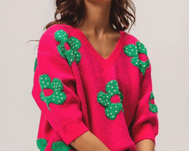 NEWYORKLISTED STYLE COLLECTION: Hot Pink Cactus Knit Sweater Top with V-Neck & 3/4 Sleeves