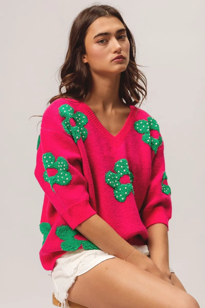 NEWYORKLISTED STYLE COLLECTION: Hot Pink Cactus Knit Sweater Top with V-Neck & 3/4 Sleeves