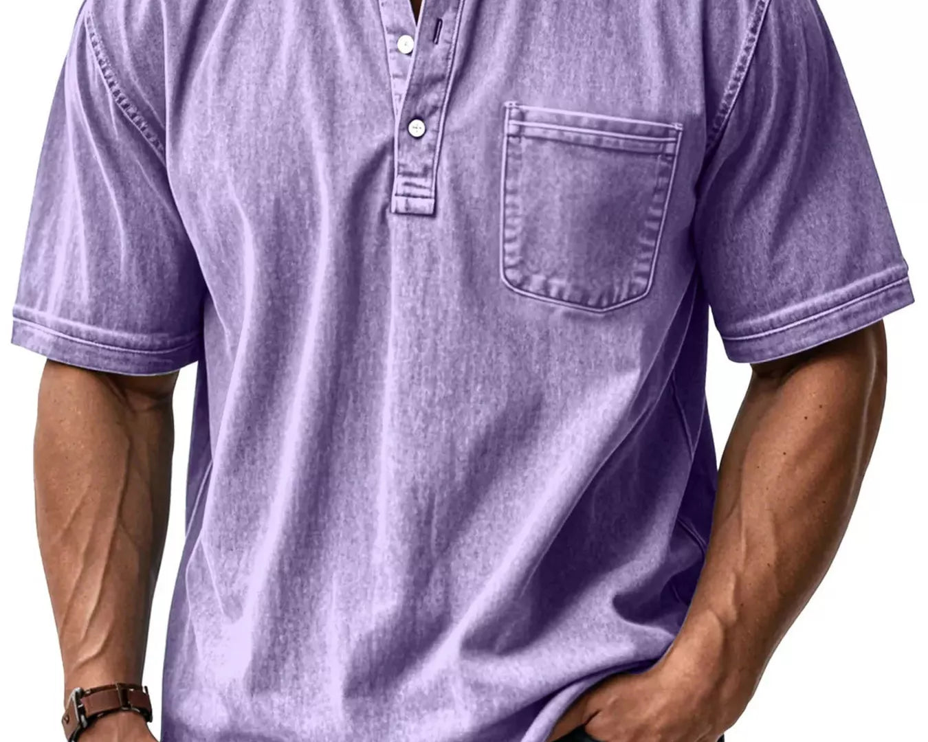 NEWYORKLISTED ATLAS MEN'S COLLECTION: Man wearing a purple short-sleeve shirt with a pocket on a white background