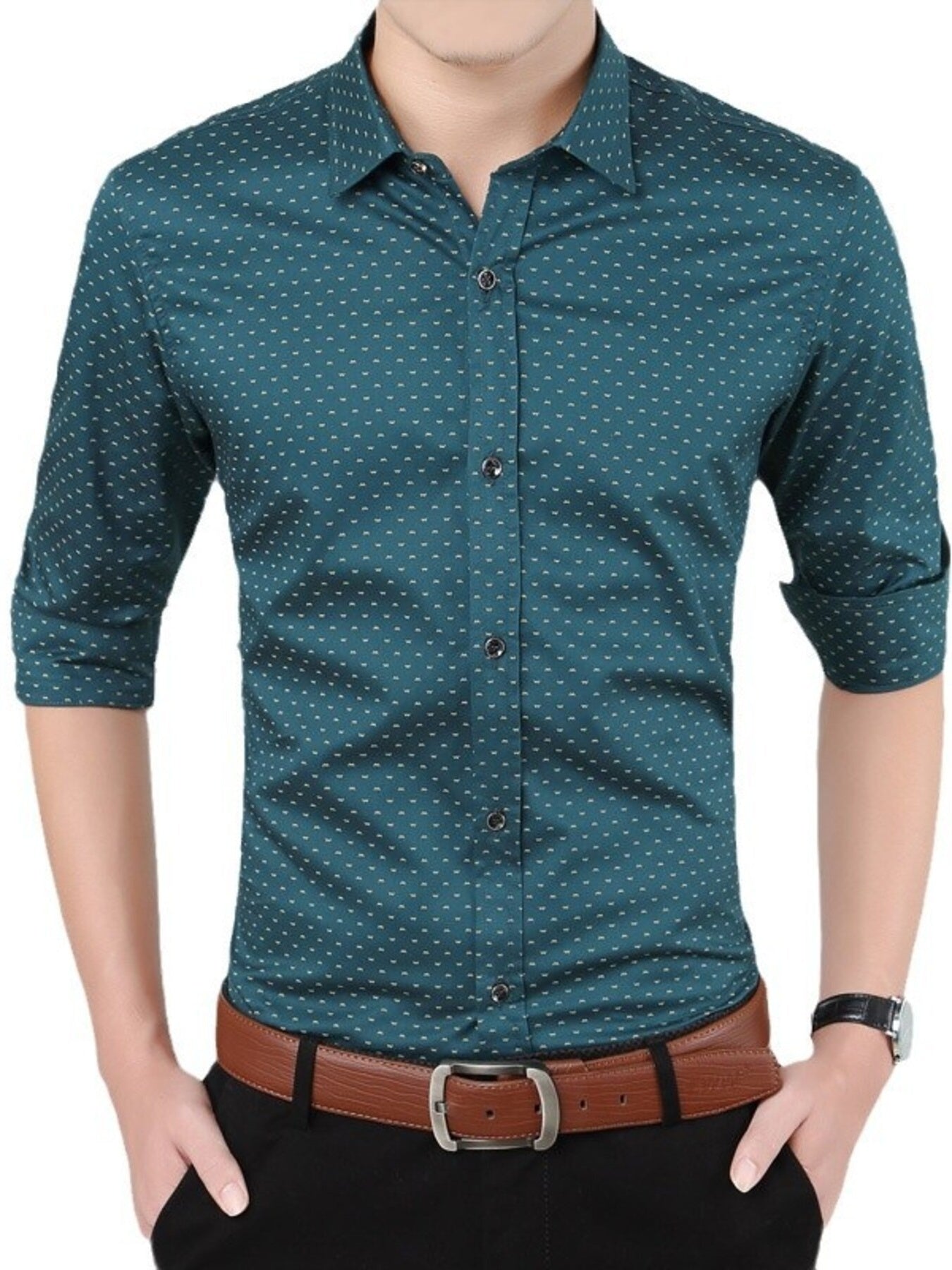 NEWYORKLISTED ATLAS MEN's COLLECTION: Green patterned shirt worn by a person on a white background