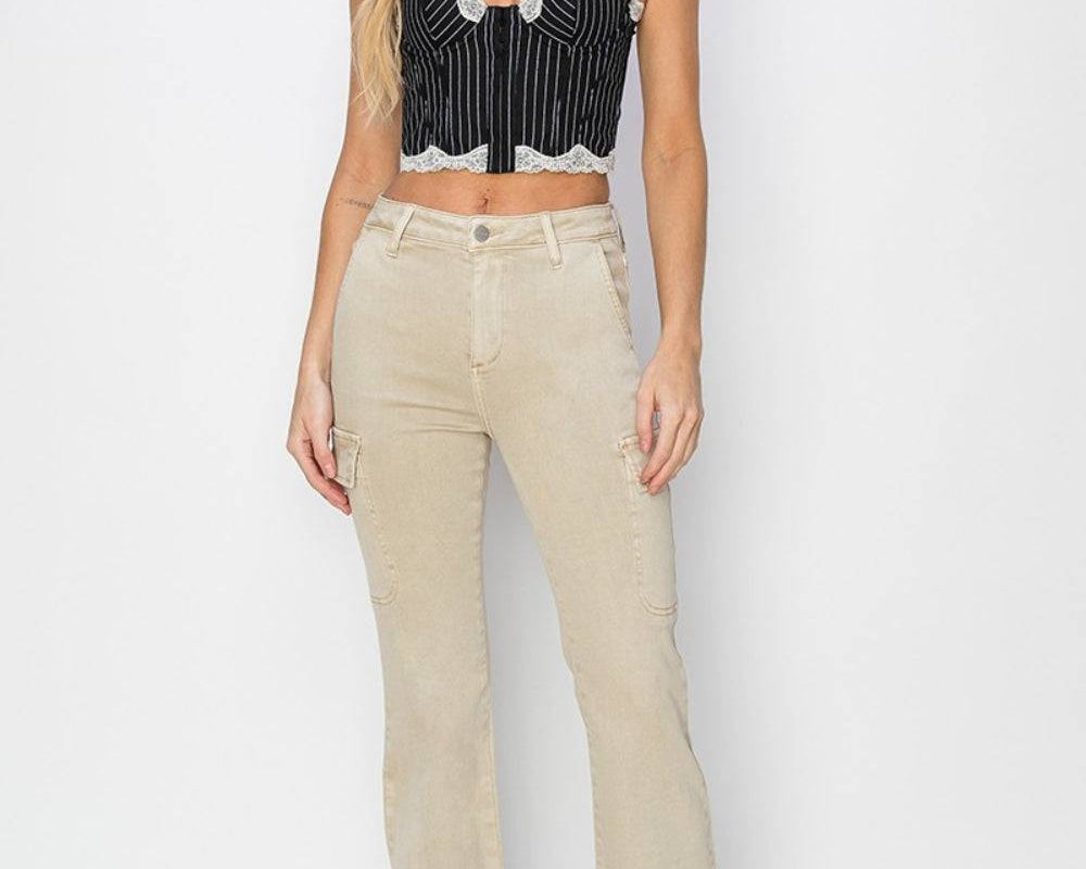 RISEN Full Size High Rise Side Slit Cargo Bootcut Jeans - NEWYORKLISTED