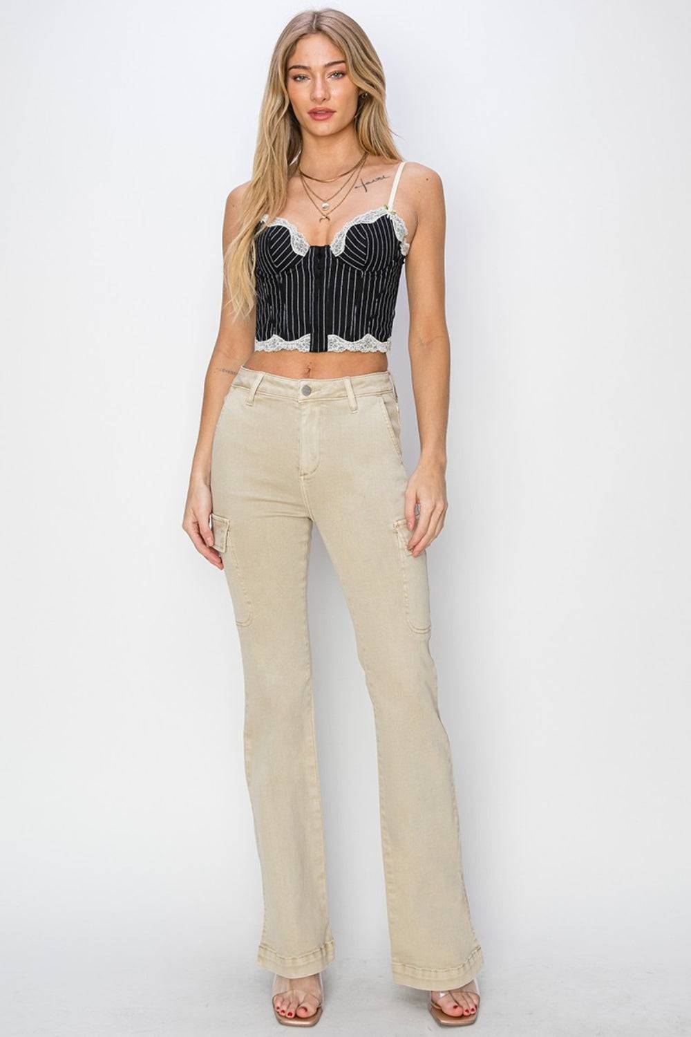 RISEN Full Size High Rise Side Slit Cargo Bootcut Jeans - NEWYORKLISTED