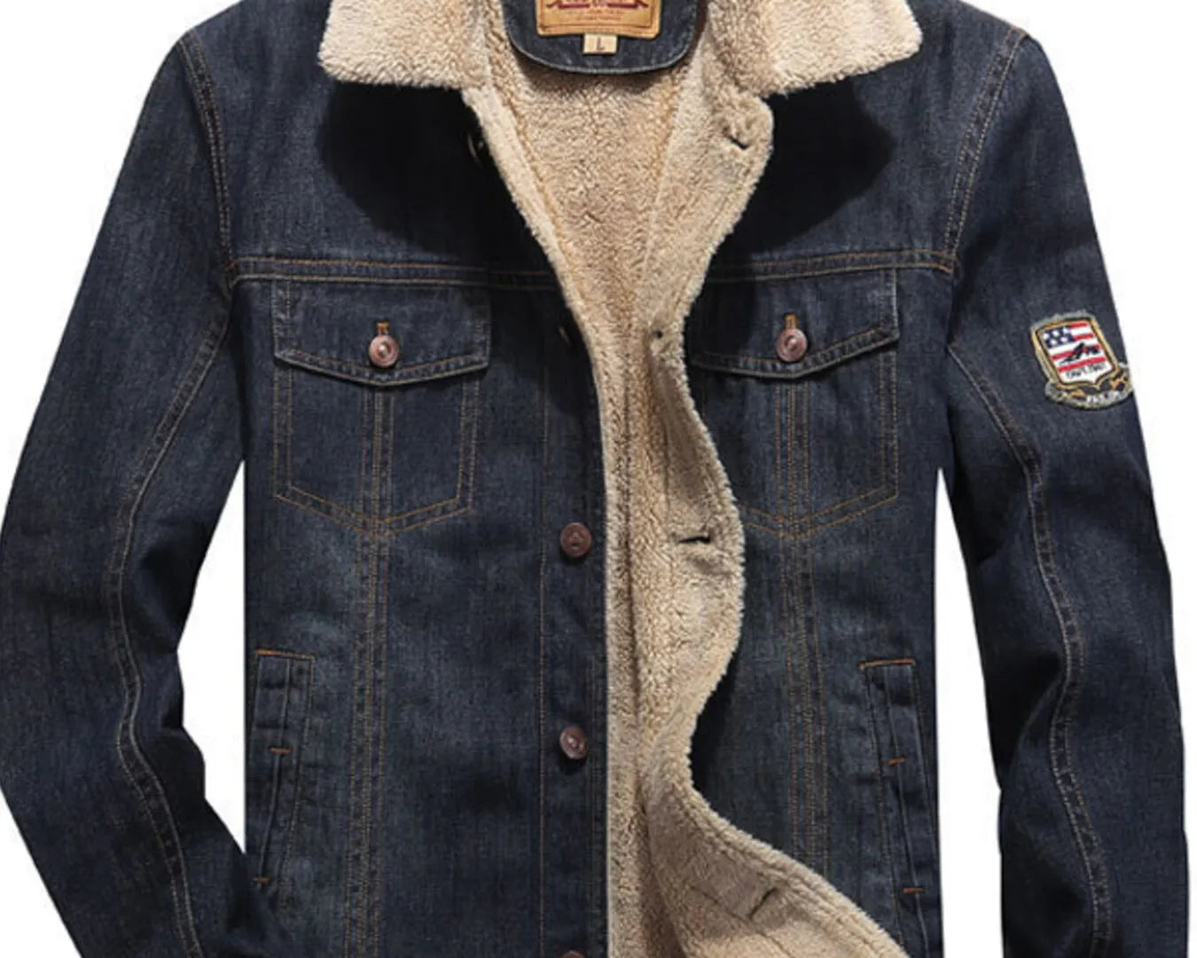 NEWYORKLISTED ATLAS MEN"S COLLECTION: Denim jacket with beige sherpa lining on a white background