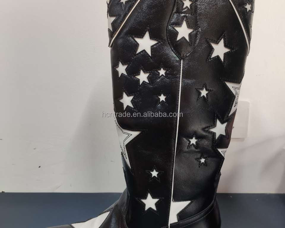 BUSY GIRL XY4068 Womens Western Boots Knee High Classic Star Black Heels Hiking Party Shoes Black Leather Cowboy Boots for Women - NEWYORKLISTED