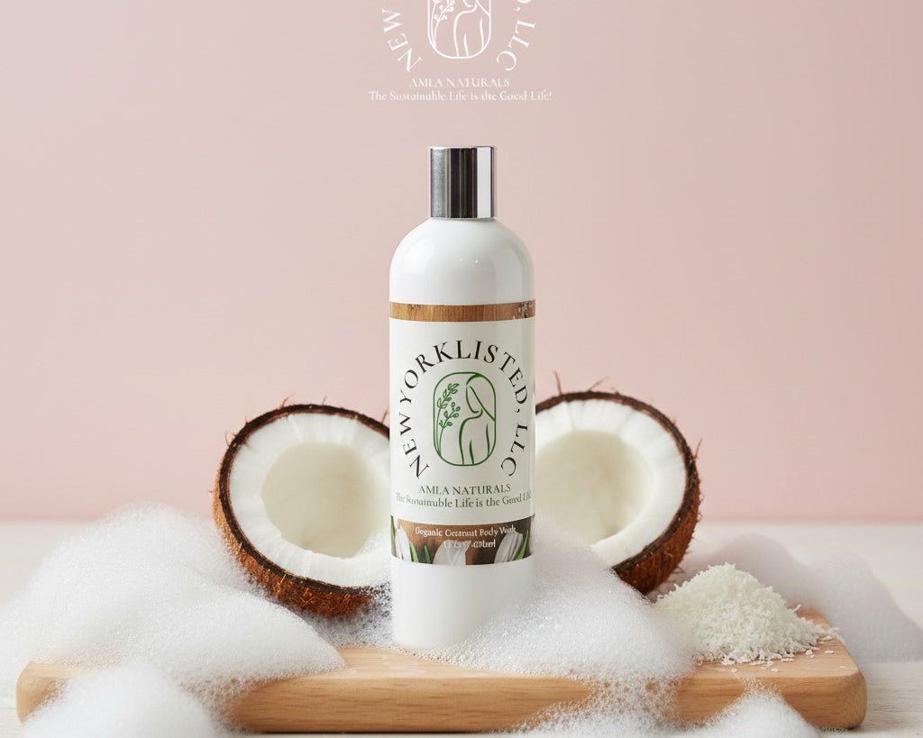 AMLA NATURALS: Organic Body Coconut Body Wash: Bottle of New York Listed LLC product with coconuts and bubbles on a light pink background