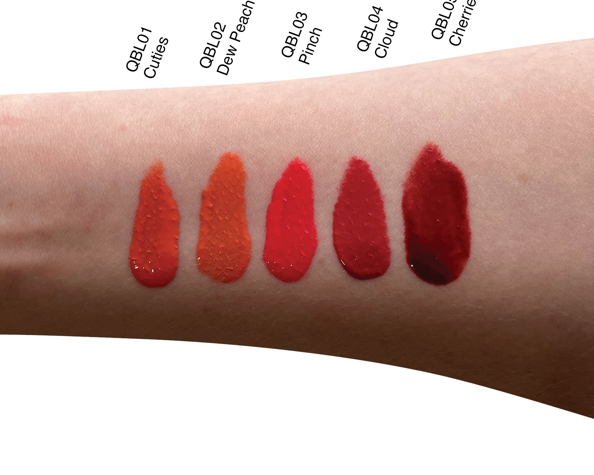 NEWYORKLISTED COSMETIC COLLECTION: Lipstick swatches on a person's arm with color names labeled.