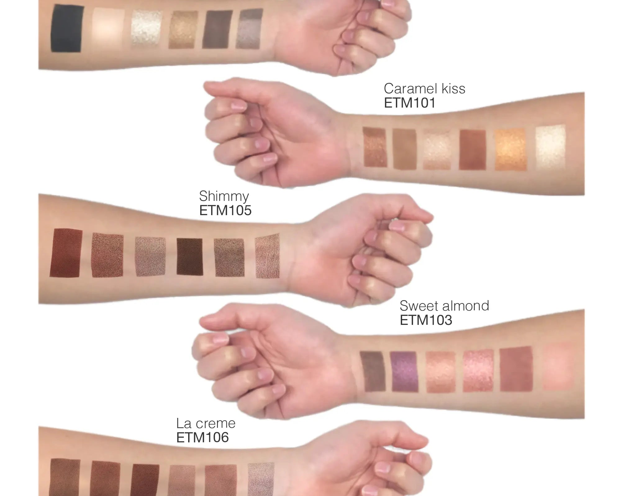 NEWYORKLISTED COSMETIC COLLECTION: Eyeshadow Palette – La Crème 6-Shade Creamy Pigment Palette, Color swatches on arms with labels for different makeup shades.