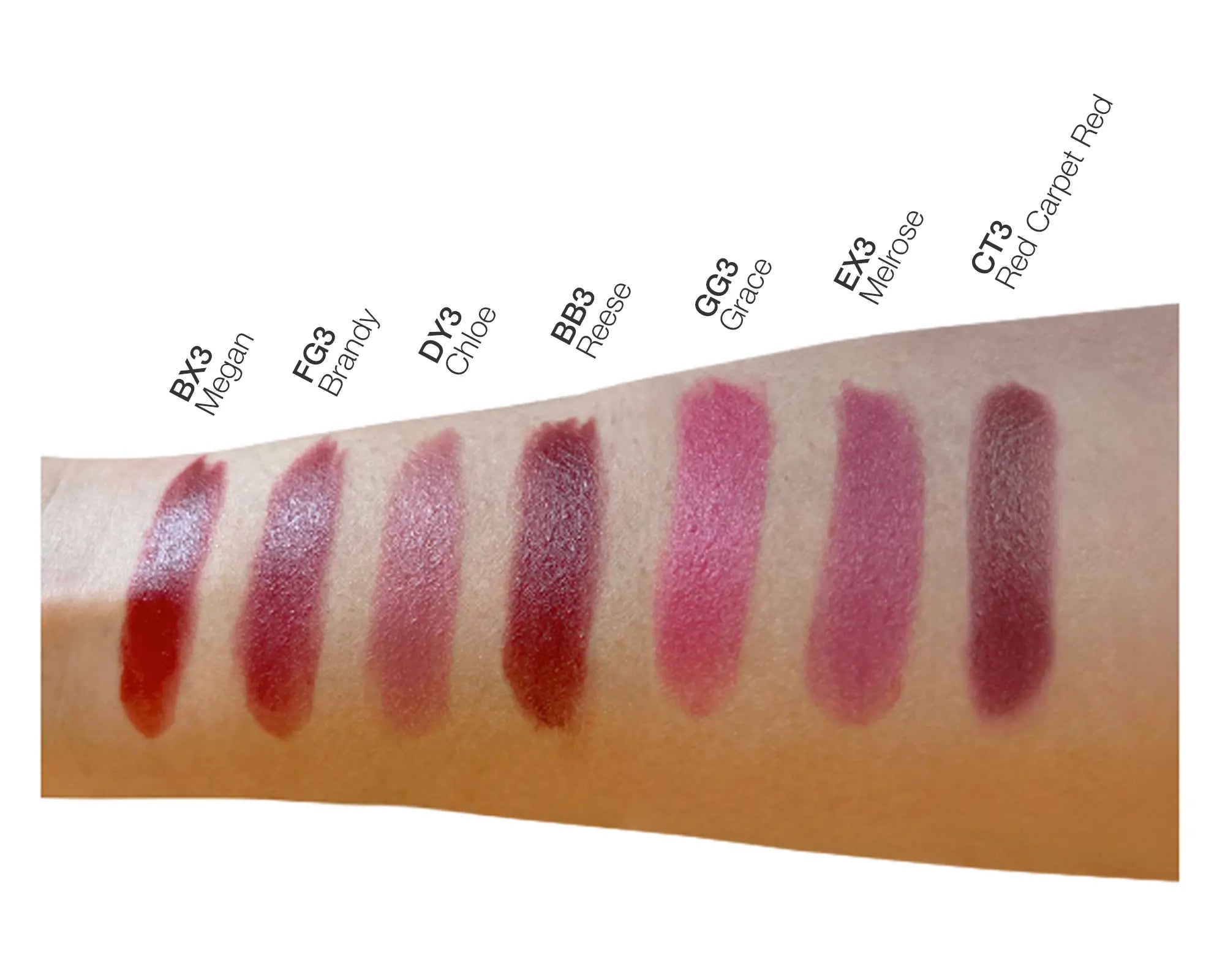 NEWYORKLISTED Cosmetic Collection: Lipstick swatches on a arm with color names labeled