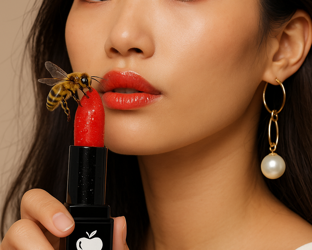 NEWYORKLISTED Cosmetic Collection: Woman holding Bee Sting Kiss Lipstick with a bee and the NEWYORKLISTED apple design logo.