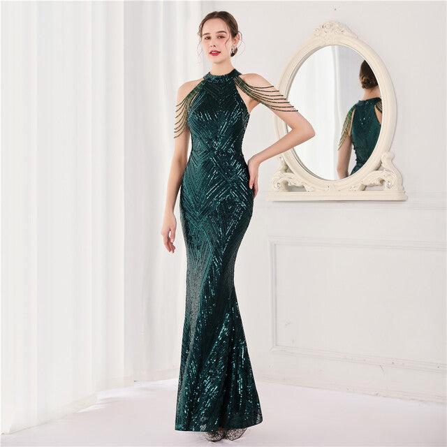 Backless Lace Evening Dress Women Party Long Wear Sequin Fishtail Silk Sexy Dresses Gowns for Women Evening Dresses Elegant - NEWYORKLISTED