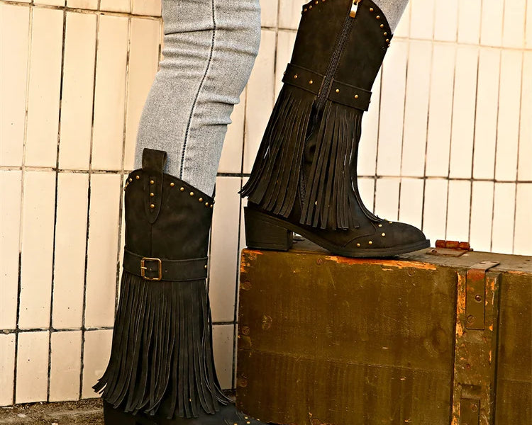 Women's Fashion Western Cowgirl Cowboy Boots Wide Pointed Toe Mid Calf Womens PU Leather Tassel Boots - NEWYORKLISTED