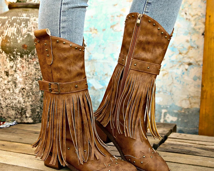 Women's Fashion Western Cowgirl Cowboy Boots Wide Pointed Toe Mid Calf Womens PU Leather Tassel Boots - NEWYORKLISTED