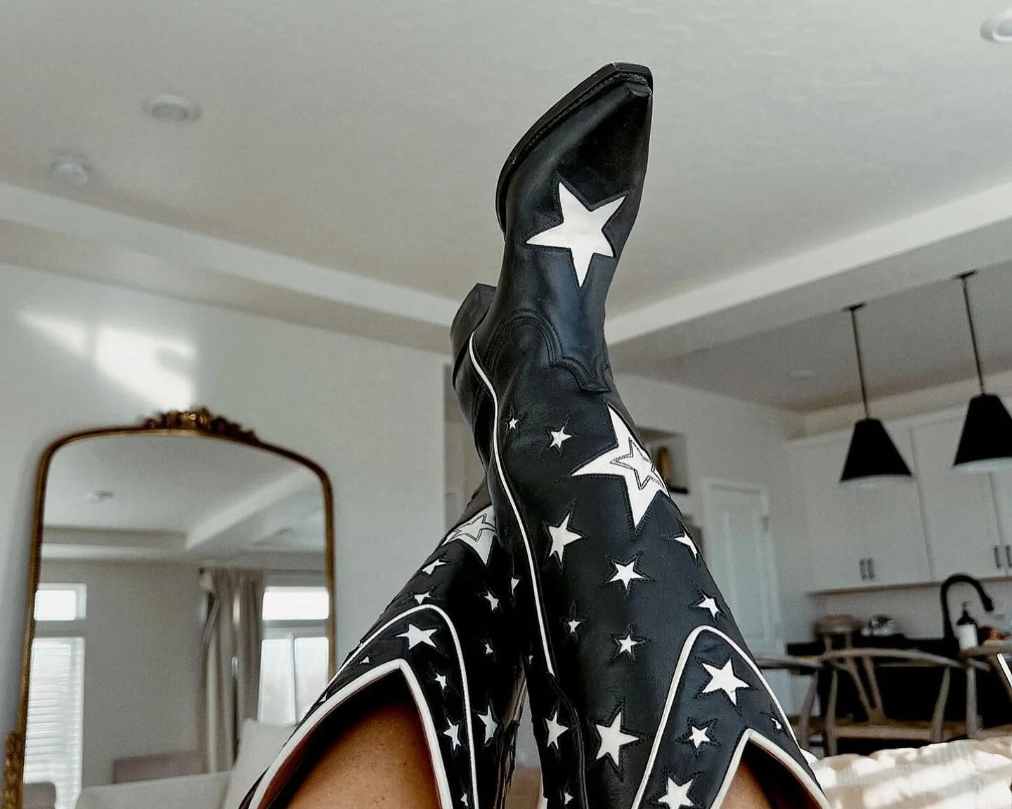 BUSY GIRL XY4068 Womens Western Boots Knee High Classic Star Black Heels Hiking Party Shoes Black Leather Cowboy Boots for Women - NEWYORKLISTED