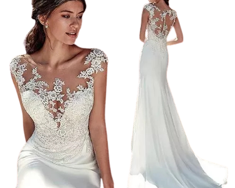 White lace evening gown with a model displaying front and back views on a white background