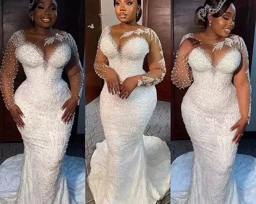 Woman wearing a white beaded evening gown in three different poses.