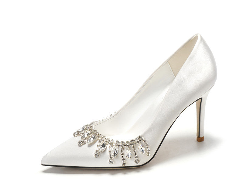 Women Bridal Shoes Silk Satin Wedding Dress Shoes Bridesmaid High Heels Fringe Pearls Bridals Shoes - NEWYORKLISTED