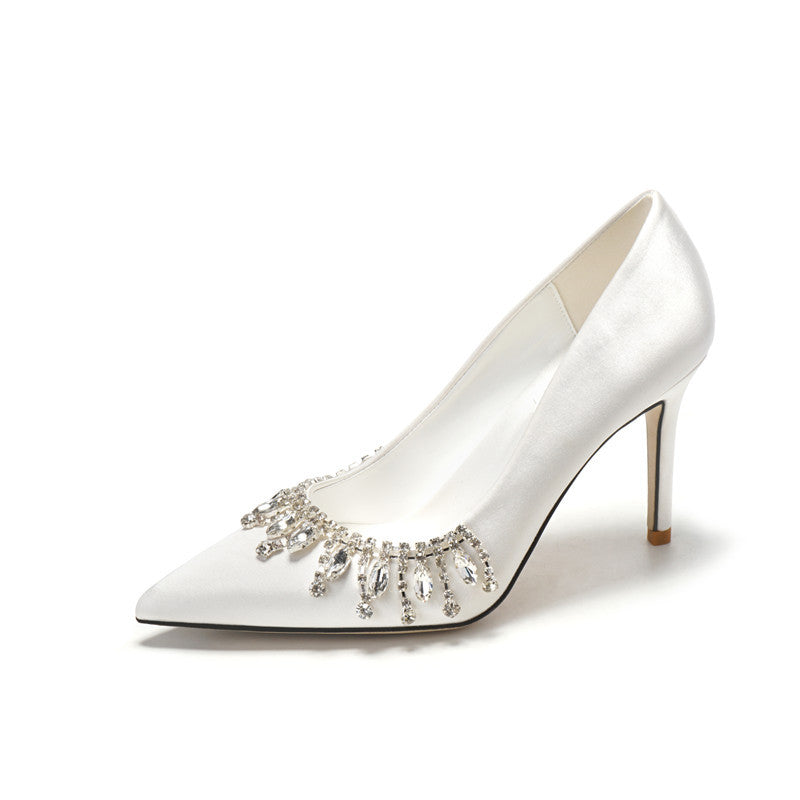 Women Bridal Shoes Silk Satin Wedding Dress Shoes Bridesmaid High Heels Fringe Pearls Bridals Shoes - NEWYORKLISTED