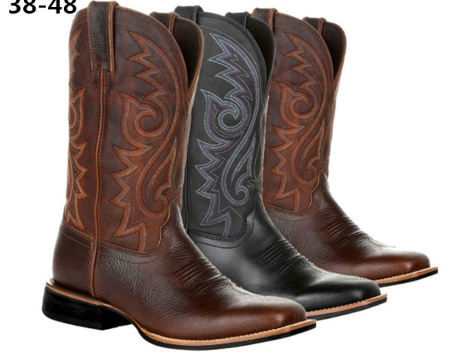 PDEP Western Ankle Boots for Men High Barrel Embroidery Leather Boots Cowboy Mens Long Boots - NEWYORKLISTED