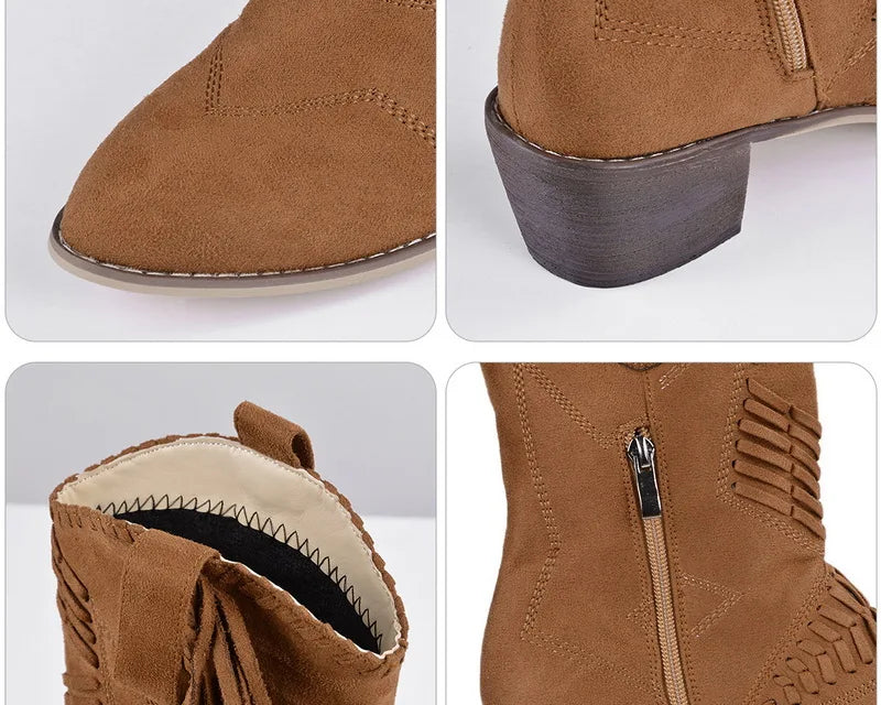 2022 Women Boots Western Cowgirl Fringe Boots Vintage Motorcycle Riding Boots Thick High Heel Leather Plus Size Chaussure Femme - NEWYORKLISTED