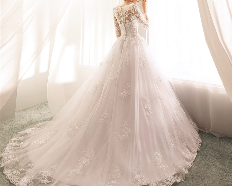 Elegant Wedding Dress New Large Fashion Long Sleeve Round Neck Lace Flax - NEWYORKLISTED