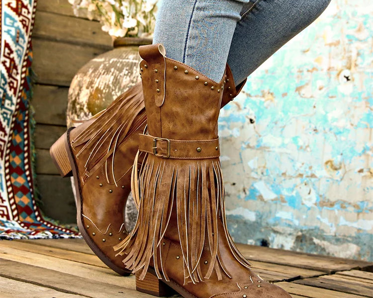 Women's Fashion Western Cowgirl Cowboy Boots Wide Pointed Toe Mid Calf Womens PU Leather Tassel Boots - NEWYORKLISTED