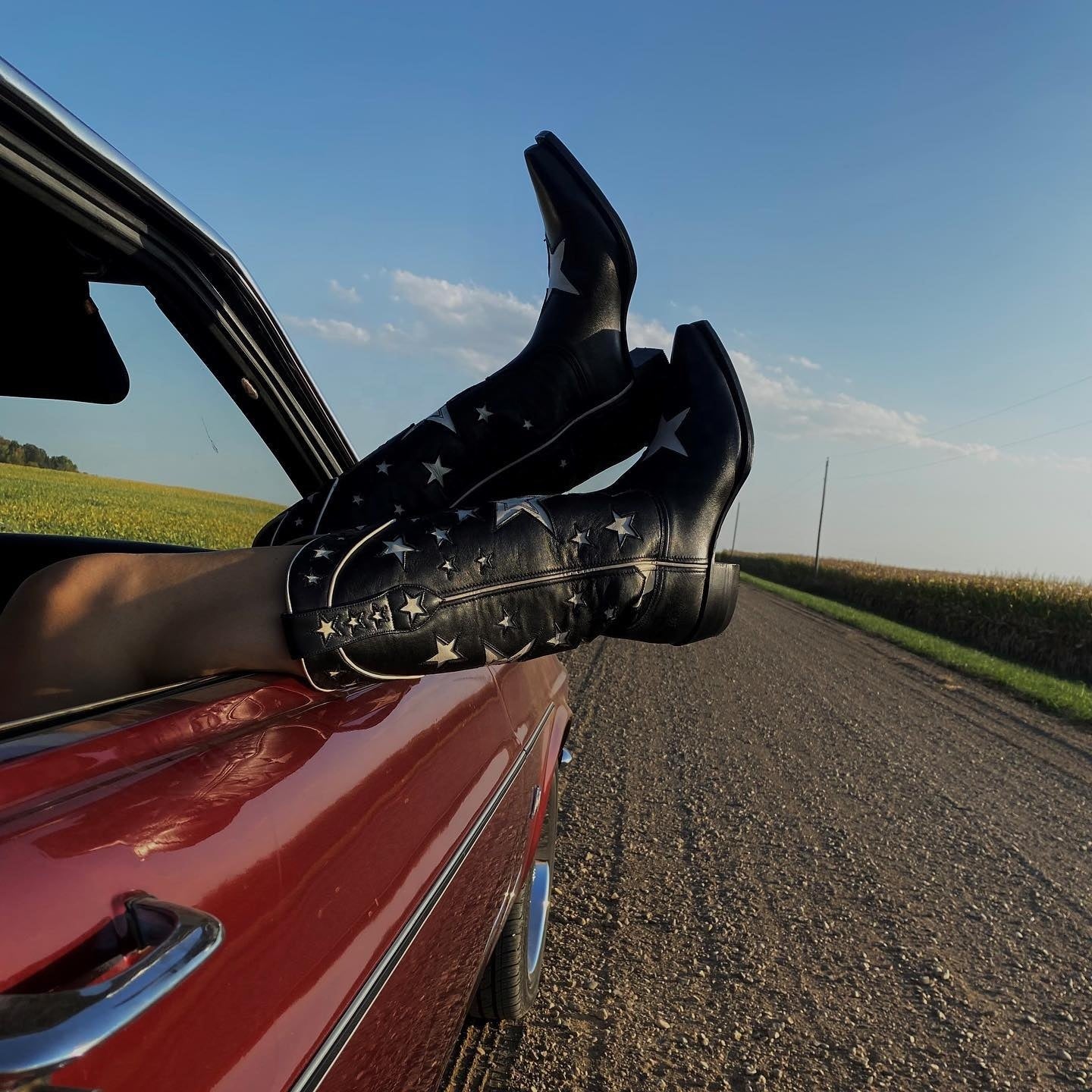 BUSY GIRL XY4068 Womens Western Boots Knee High Classic Star Black Heels Hiking Party Shoes Black Leather Cowboy Boots for Women - NEWYORKLISTED