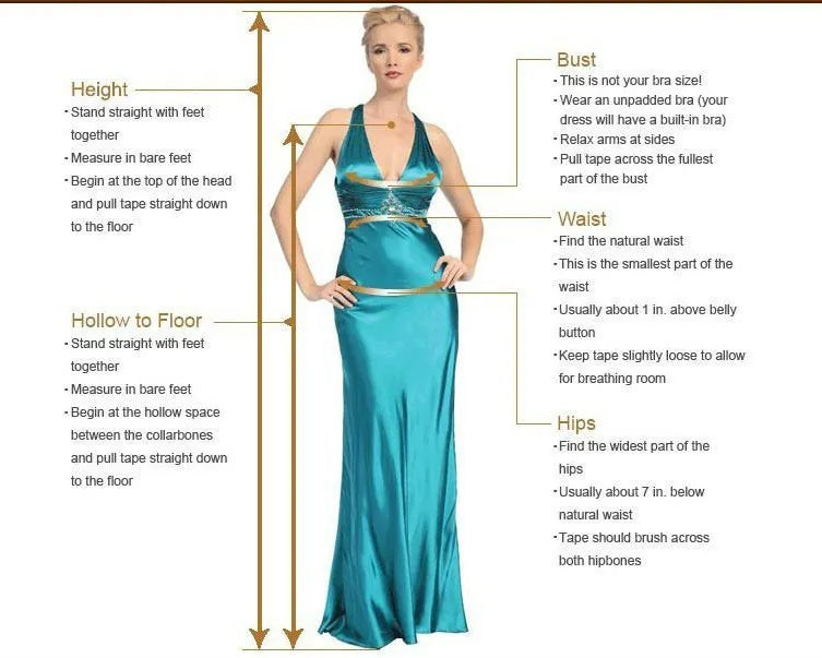 Teal evening gown with measurement guide on a white background