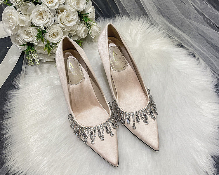 Women Bridal Shoes Silk Satin Wedding Dress Shoes Bridesmaid High Heels Fringe Pearls Bridals Shoes - NEWYORKLISTED