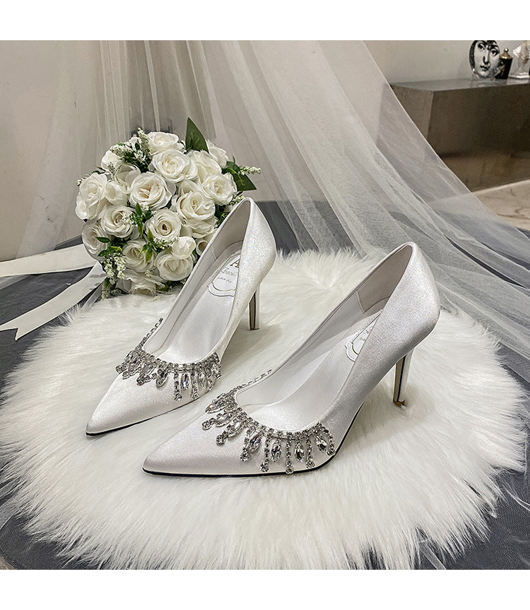 Women Bridal Shoes Silk Satin Wedding Dress Shoes Bridesmaid High Heels Fringe Pearls Bridals Shoes - NEWYORKLISTED