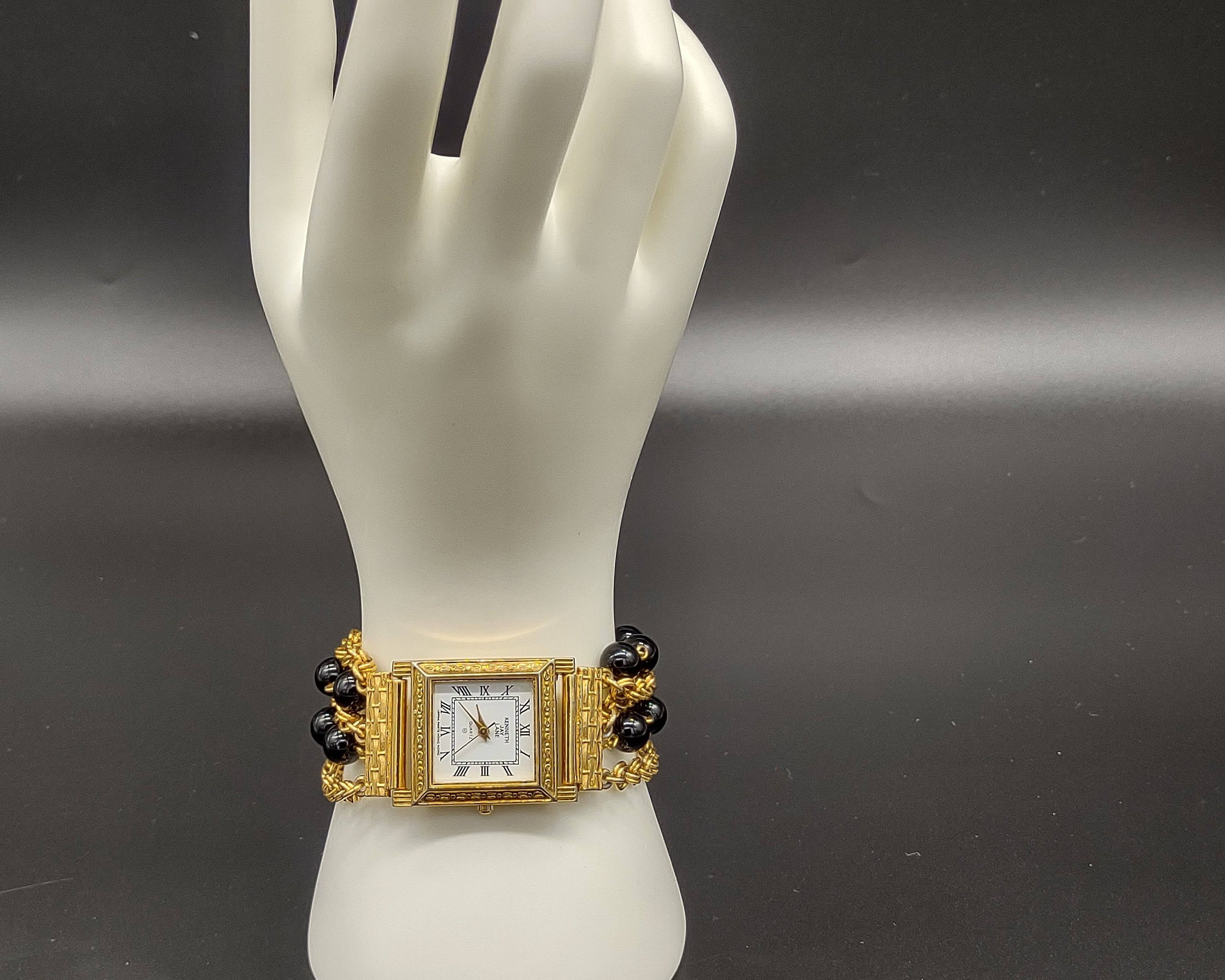 NEWYORKLISTED VINTAGE - Kenneth Jay Lane Onyx Bead and Gold Tone Chain Bracelet Watch