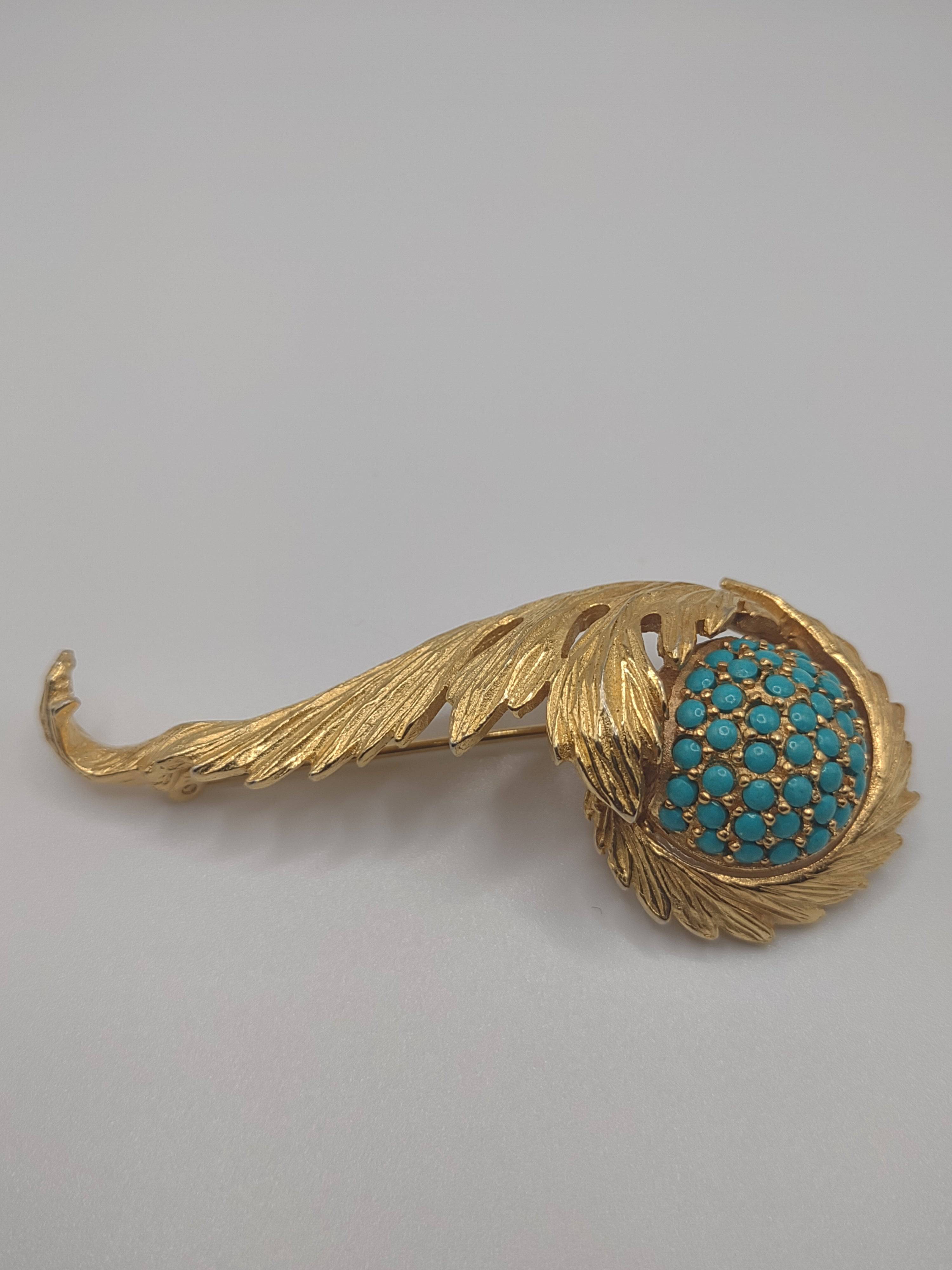 Elegant Hattie Carnegie Gold Tone Swirl Brooch with Simulated Turquoise Stones - NEWYORKLISTED