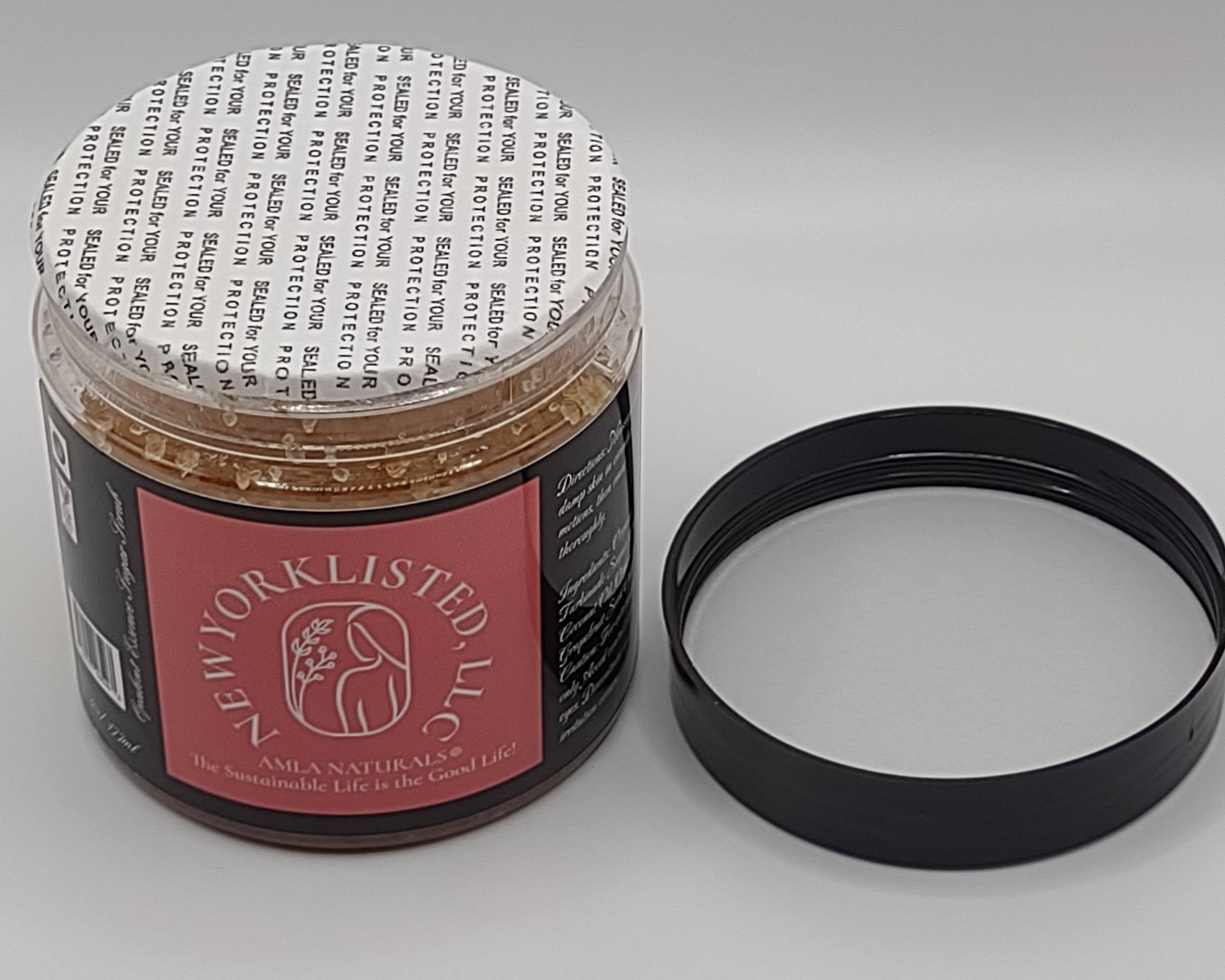 AMLA NATURALS Opulent Essence Sugar Scrub 6oz Jar Shown with Safety Seal