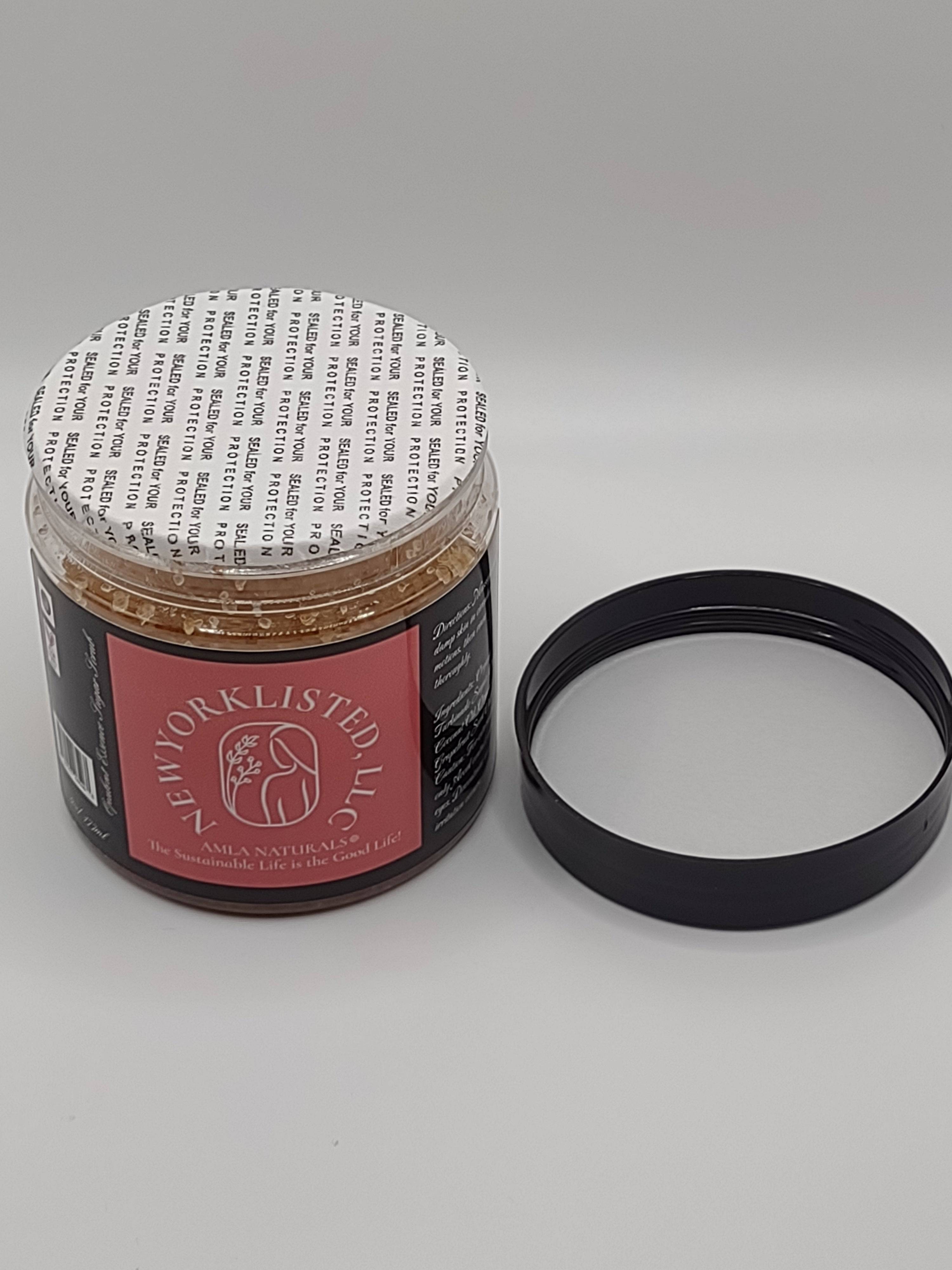 AMLA NATURALS Opulent Essence Sugar Scrub 6oz Jar Shown with Safety Seal