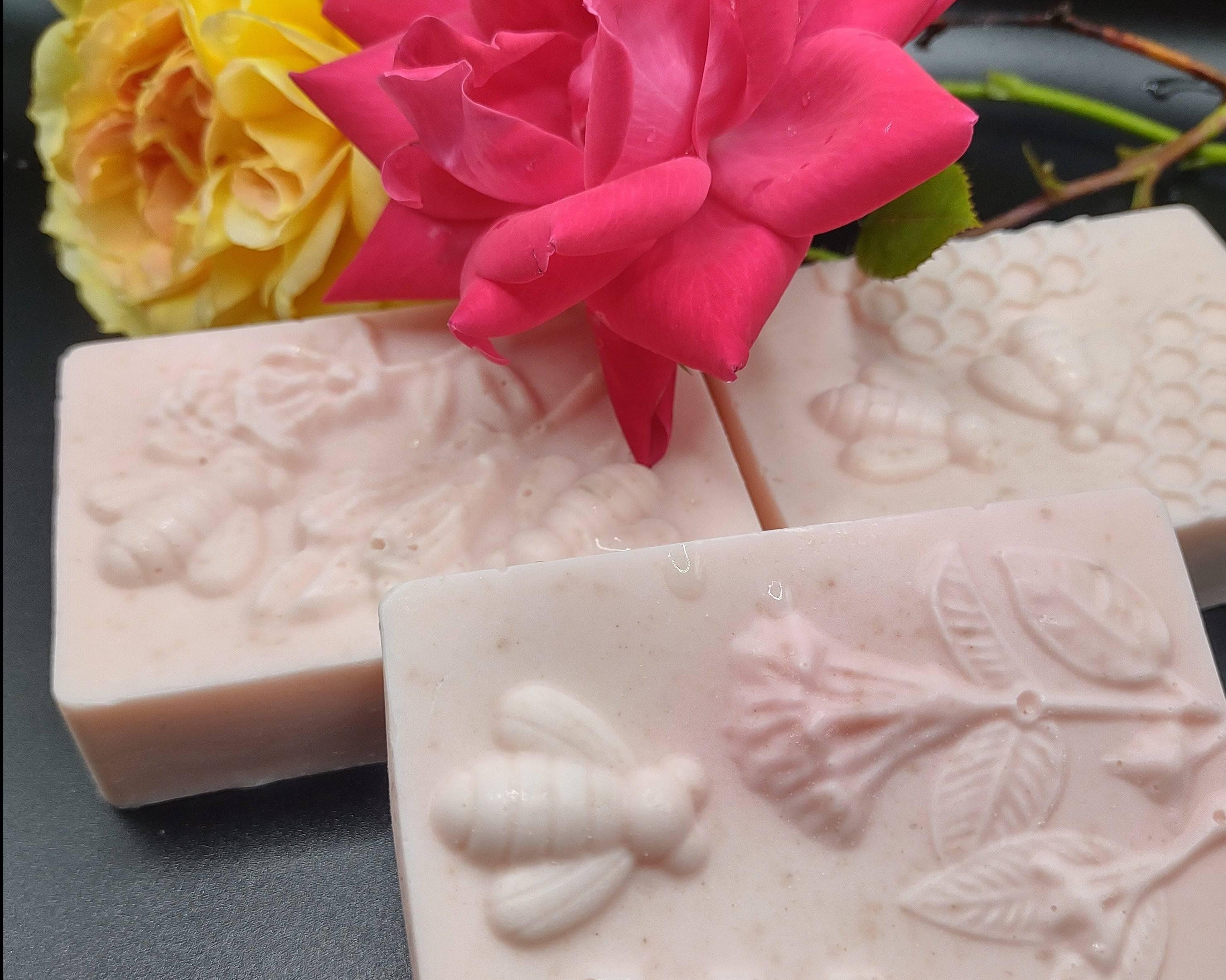 ALMA NATURALS - Cherry Blossom Milk & Honey Oatmeal Soap, three bars are shown with bumble bee and flower motif