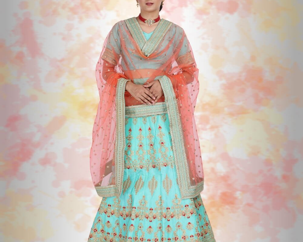 Raw Silk Lehenga Choli - Blue - NEWYORKLISTED