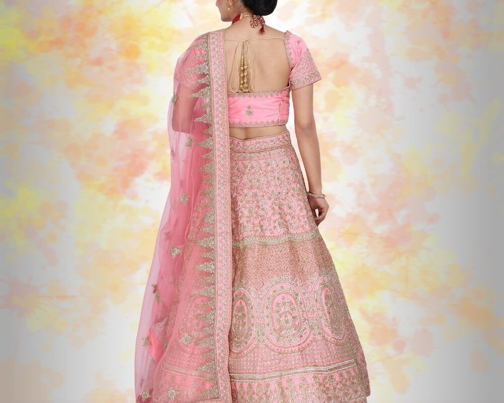NEWYORKLISTED: Pink Silk Bridal Lehenga with Temple Border & Henna Embroidery – Diamond Work Wedding Ensemble - NEWYORKLISTED
