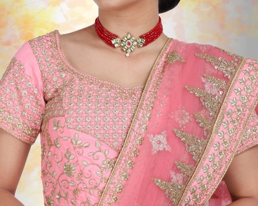 NEWYORKLISTED: Pink Silk Bridal Lehenga with Temple Border & Henna Embroidery – Diamond Work Wedding Ensemble - NEWYORKLISTED