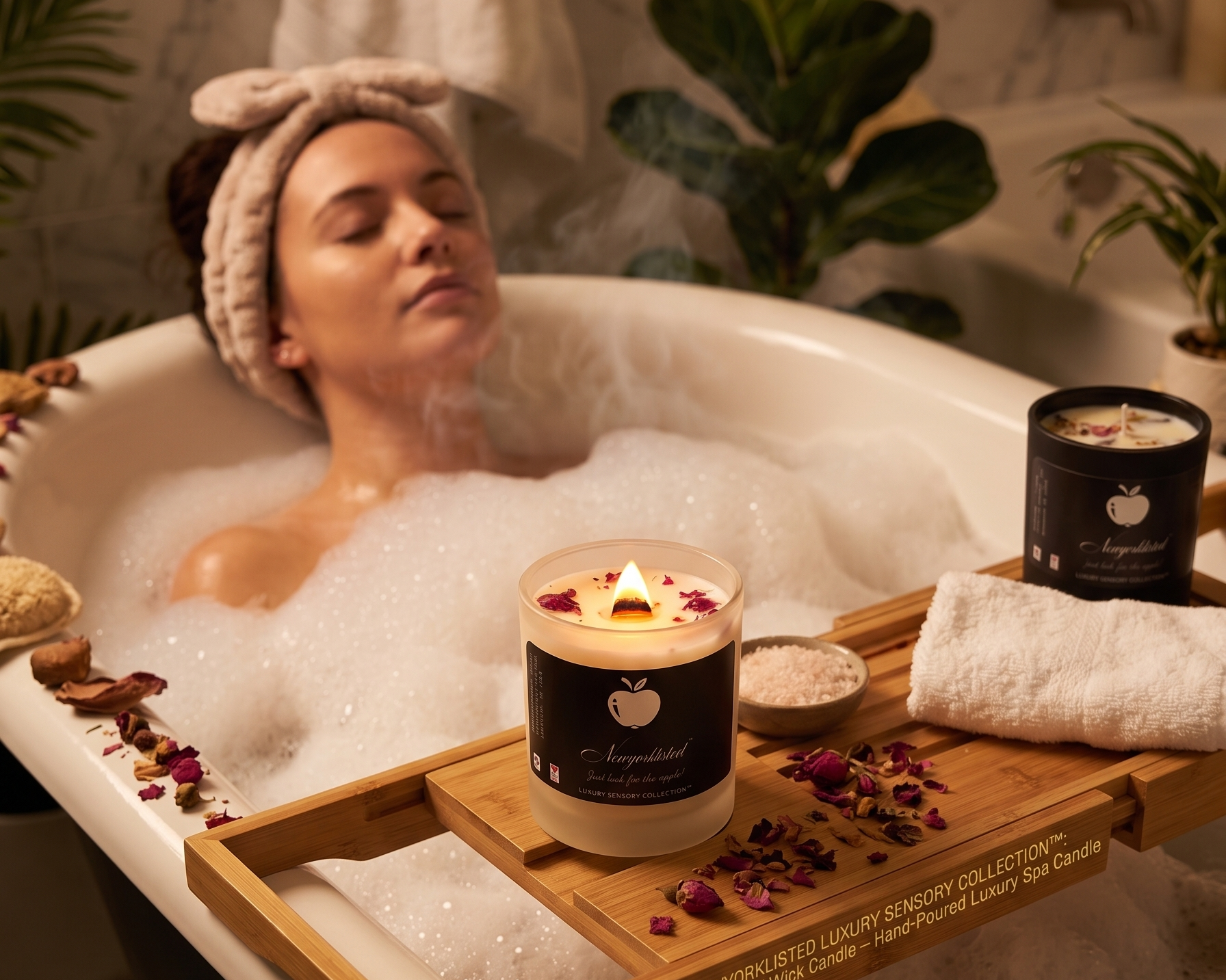NEWYORKLISTED LUXURY SENSORY COLLECTION™: Botanical Wood Wick Candle – Hand-Poured Luxury Spa Candle: Woman relaxing in a bubble bath with a candle and tray of items.