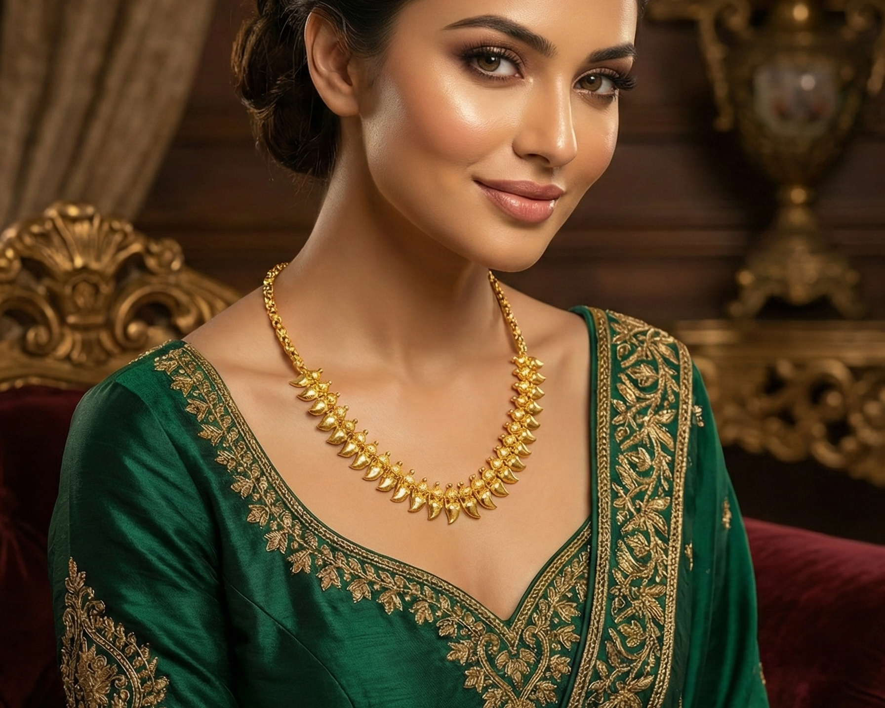 NEWYORKLISTED Valentine's Day: Woman wearing a green embroidered outfit with 22k gold necklace jewelry in an elegant setting.