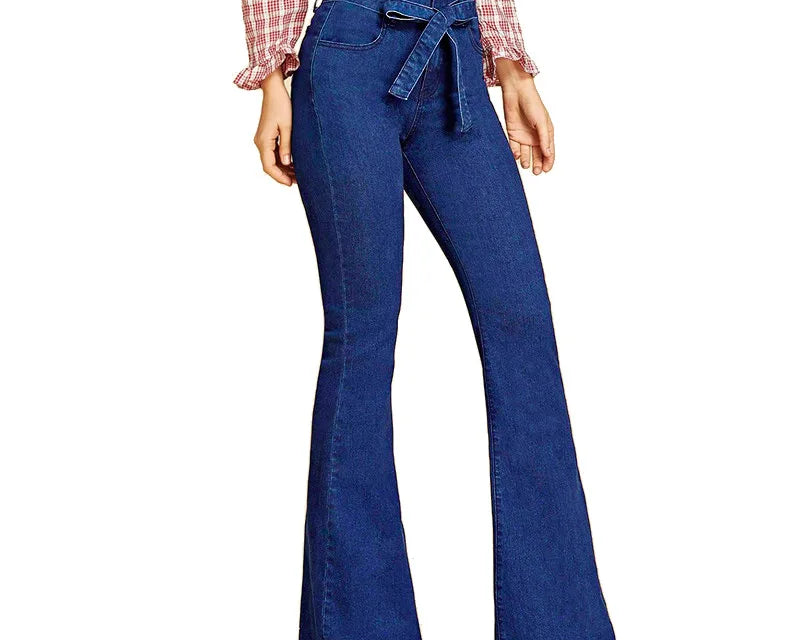 Blue Tie Waist Flare Jeans Women Slim Denim Trousers Vintage Clothes 2021 Spring High Pants Belted Stretchy Wide Leg - NEWYORKLISTED