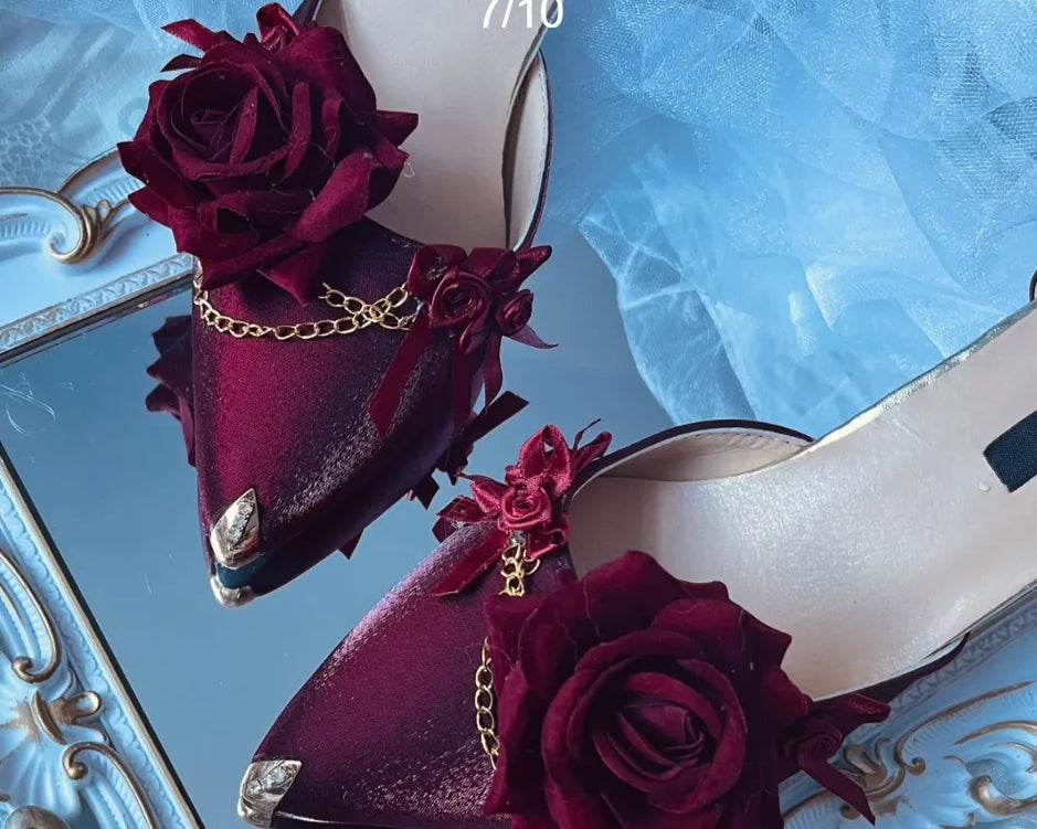 Black Red Gothic Lolita Shoe Wedding Lolita High Heels for Ladies Rose Pointed Toe Dress Shoes for Womenluxury Shoes Sss Grade - NEWYORKLISTED