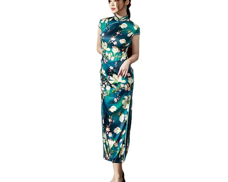 Yourqipao Spring Ice Silk Qipao Cheongsam Dress Three-Quarter Sleeves Long Modified Side Eight-Button Double-Layer Chinese Style - NEWYORKLISTED